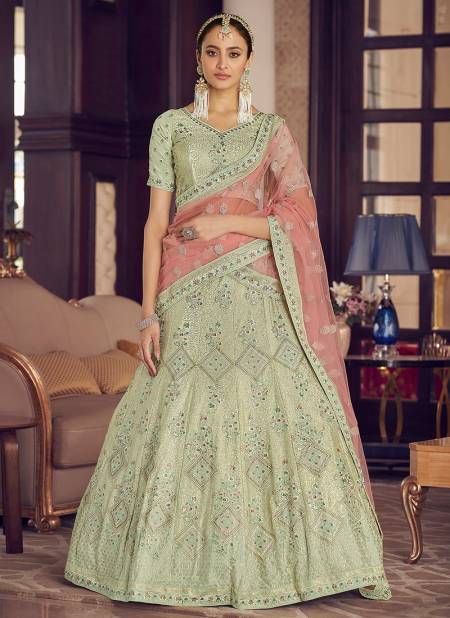 Pista Green Colour New Collection Fancy Wedding Wear Crepe Heavy Latest Bridal Lehenga Choli 9406
